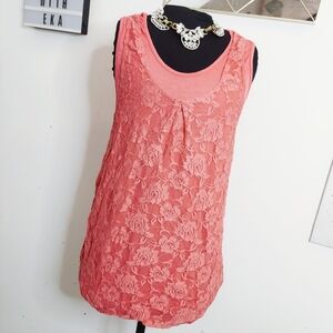 Coral floral lace-like tank